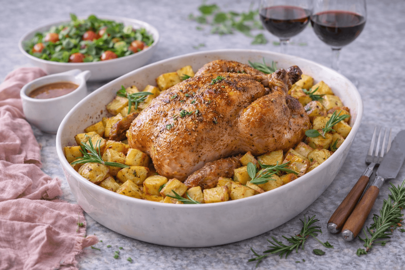 Poulet rôti au four et pommes de terre