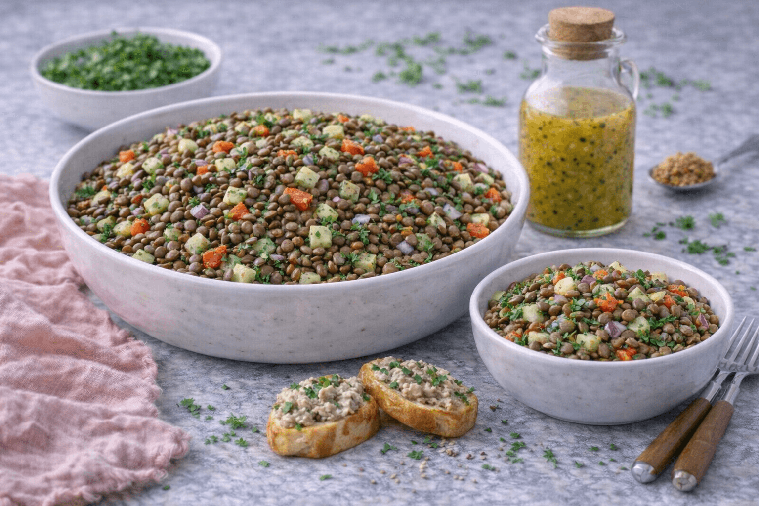 Salade de lentilles vertes et vinaigrette moutarde